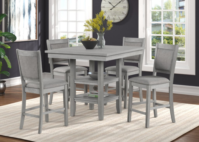 8658 Square Pub Table with Shelves (40x40x36) and 4 Chairs - Gray